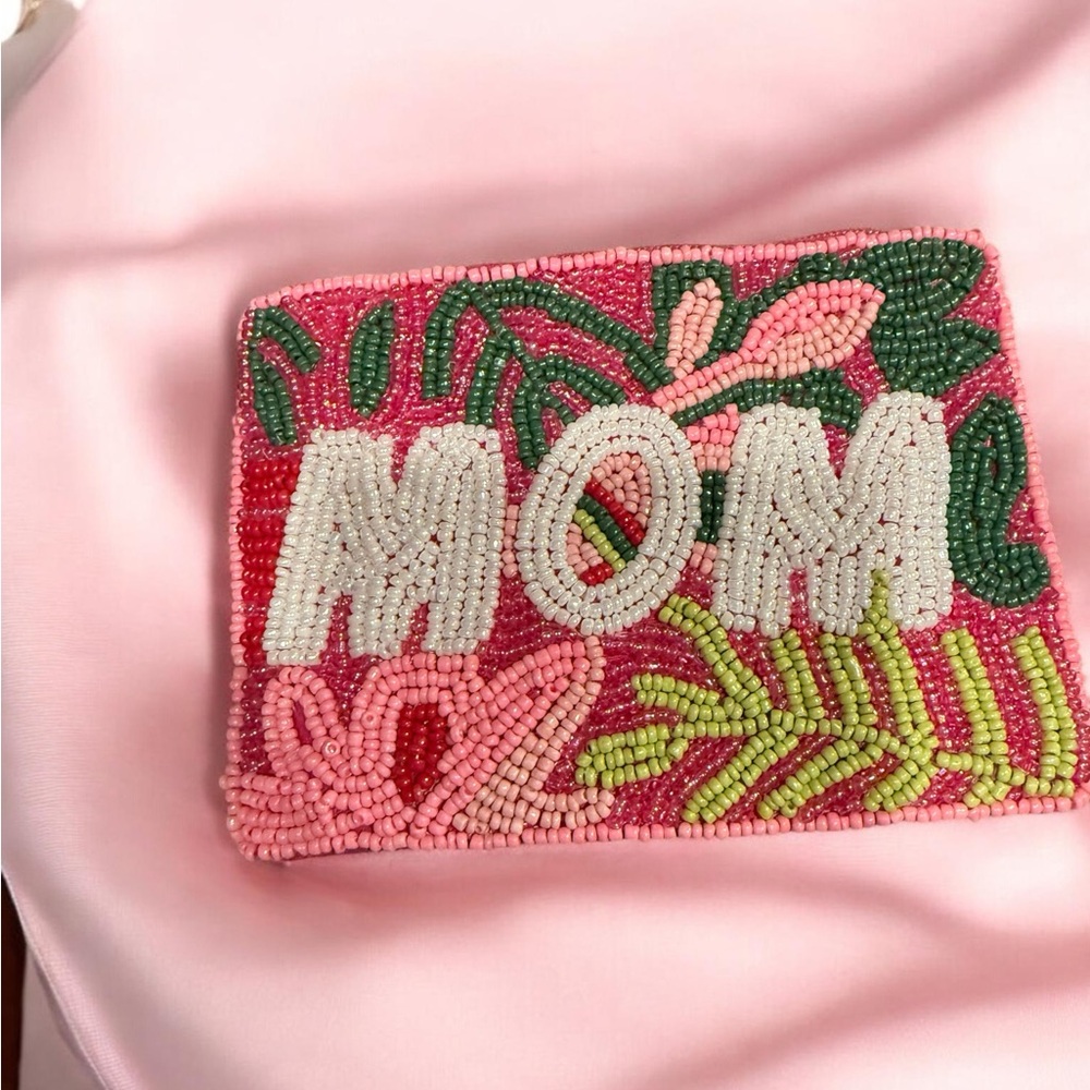 Beaded 'MOM' Patch Wallet or Coin Purse Accent - Pink & Green